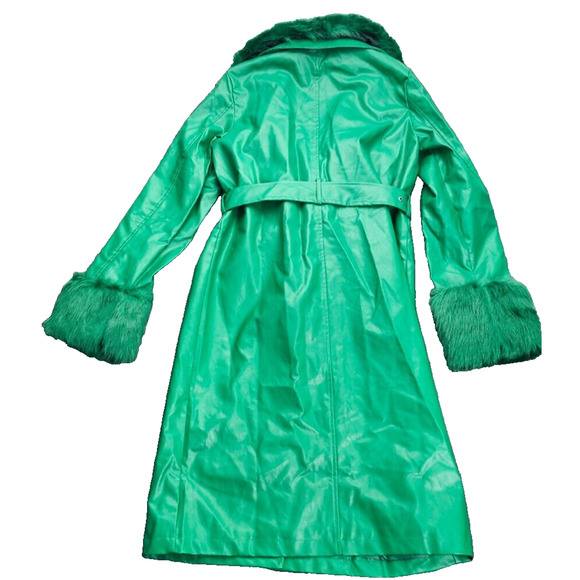 Finesse Bright Green Faux Fur Collar Trim Trench Coat XS S - Picture 2 of 10
